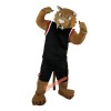 Black Coat Sport Brown Muscle Leopard Cartoon Mascot Costume, Black Coat Sport Brown Muscle Leopard Cartoon Costume