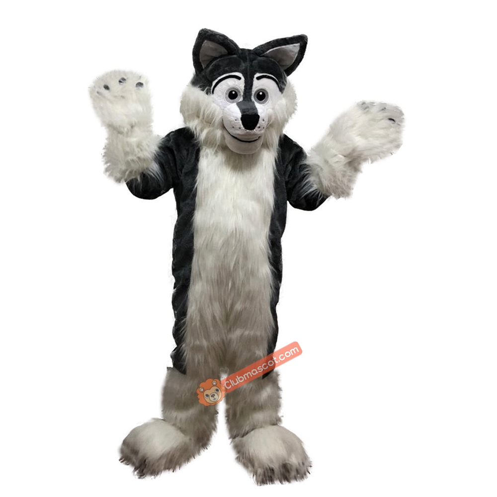 Gray Long Hairy Wolf Mascot Costume, Gray Long Hairy Wolf Costume