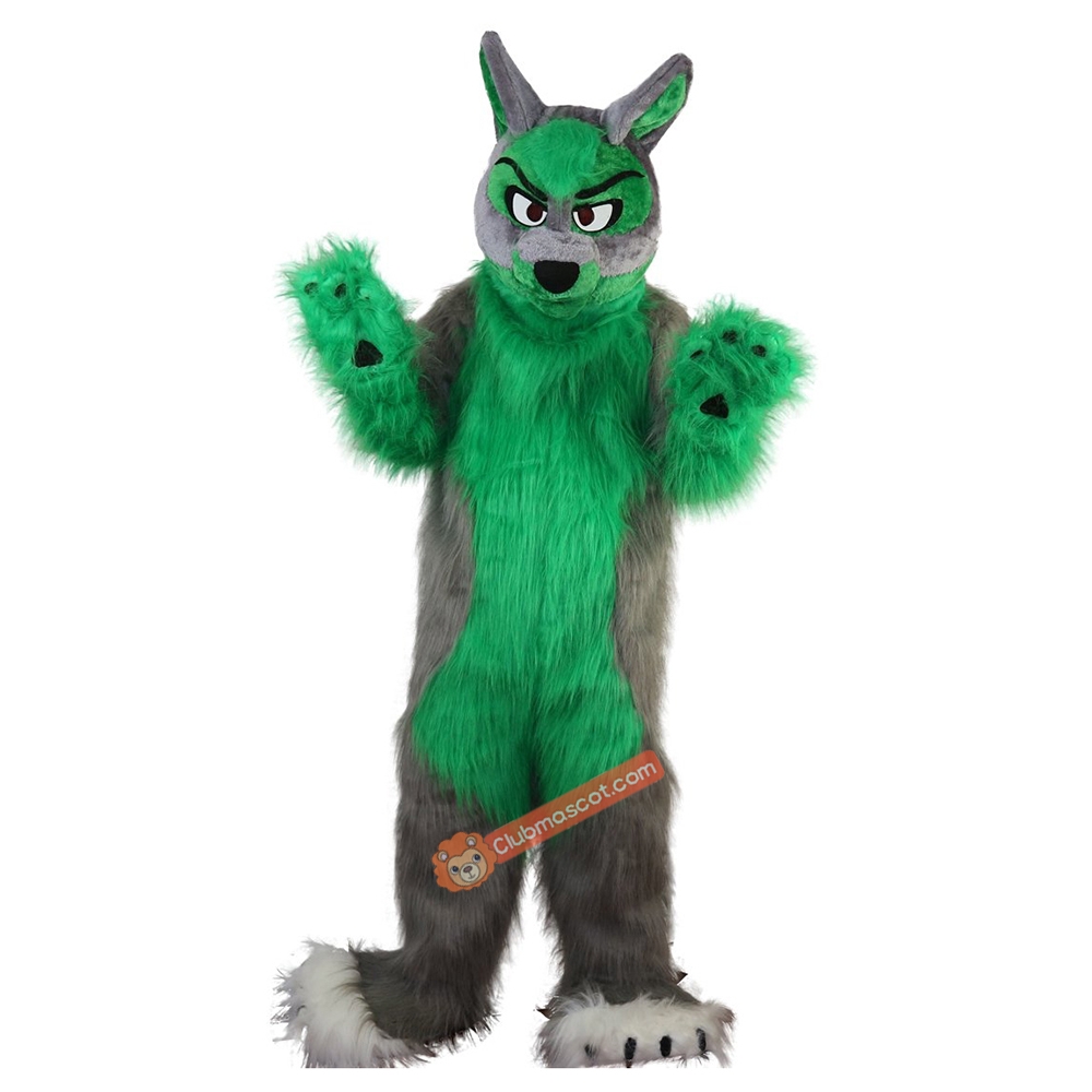 Long Hair Green Wolf Mascot Costume, Long Hair Green Wolf Costume