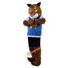 Sporty Tiger in Blue Vest Cartoon Mascot Costume, Sporty Tiger in Blue Vest Cartoon Costume