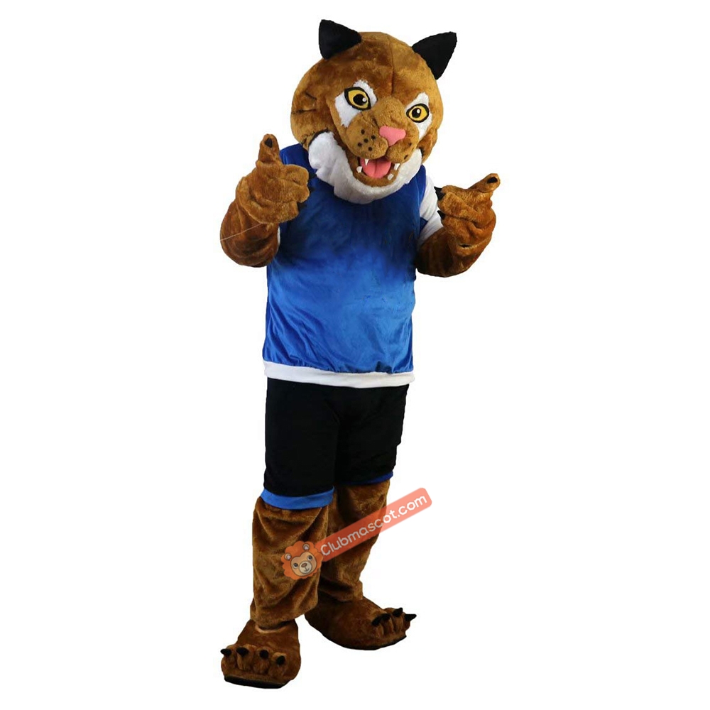 Sporty Tiger in Blue Vest Cartoon Mascot Costume, Sporty Tiger in Blue Vest Cartoon Costume